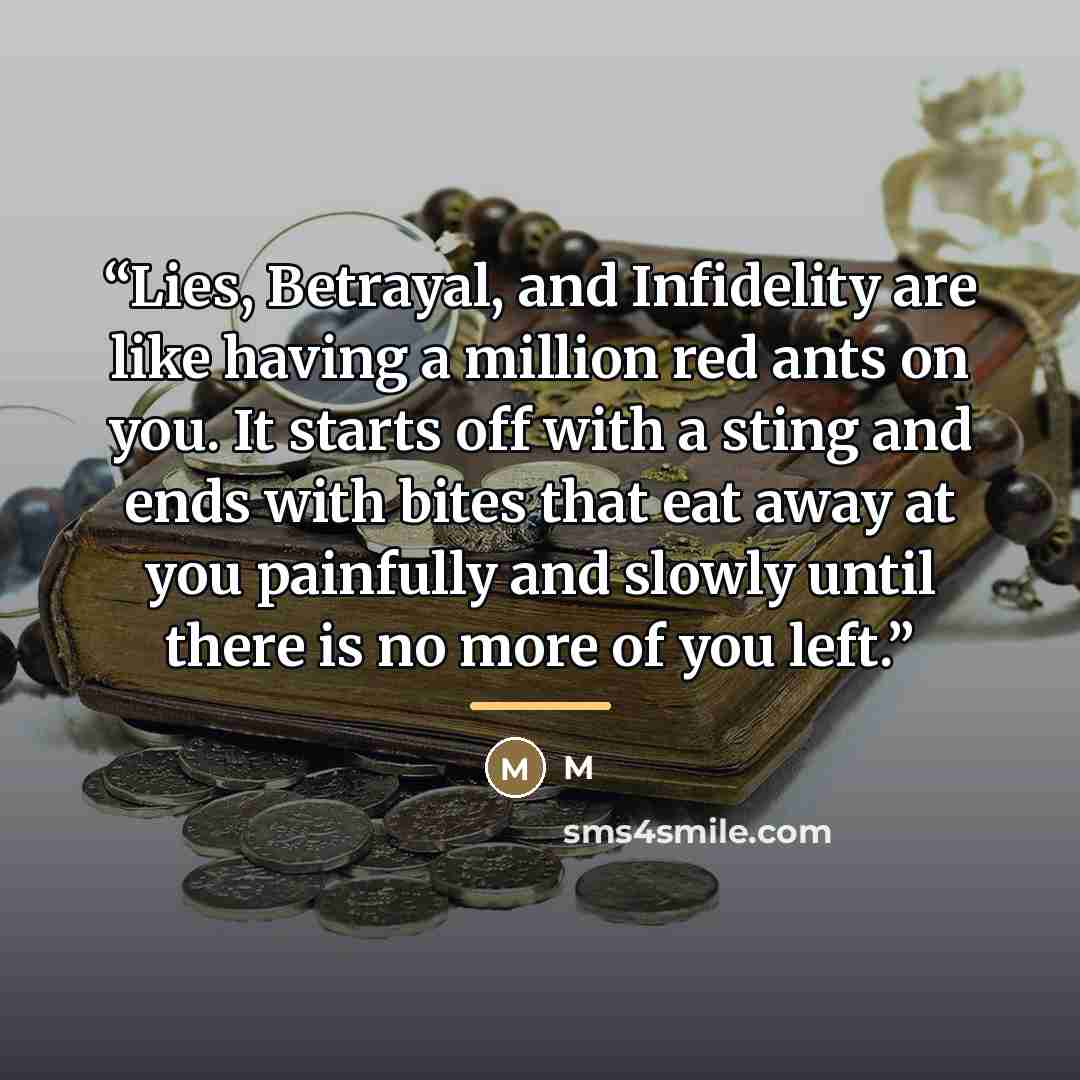 “Lies, Betrayal, and Infidelity are like having a million red ants on you. It starts off with a sting and ends with bites that eat away at you painfully and slowly until there is no more of you left.” quote by M