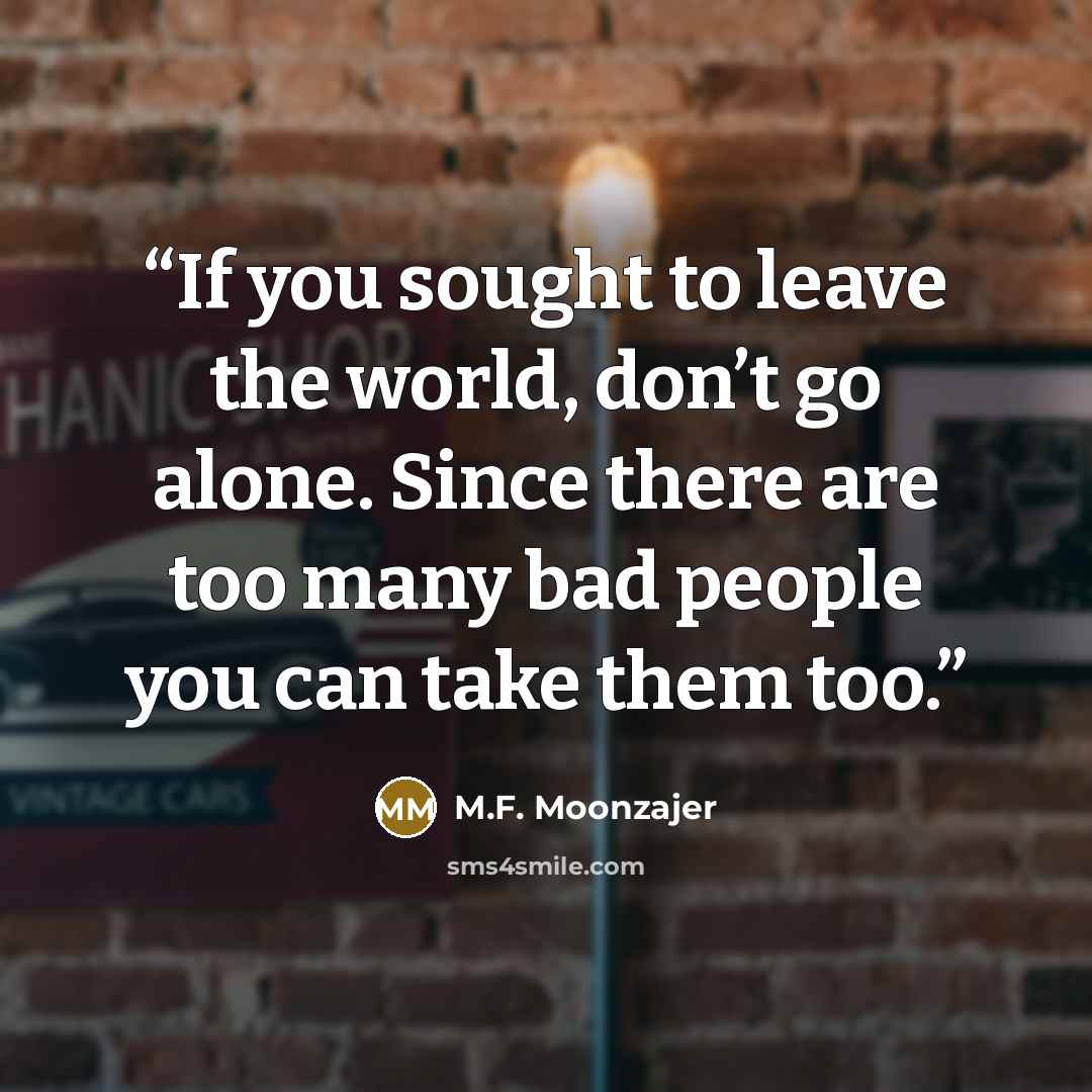“If you sought to leave the world, don’t go alone. Since there are too many bad people you can take them too.” quote by M.F. Moonzajer