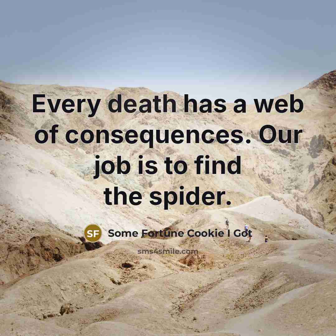 “Every death has a web of consequences. Our job is to find the spider.” quote by Some Fortune Cookie I Got