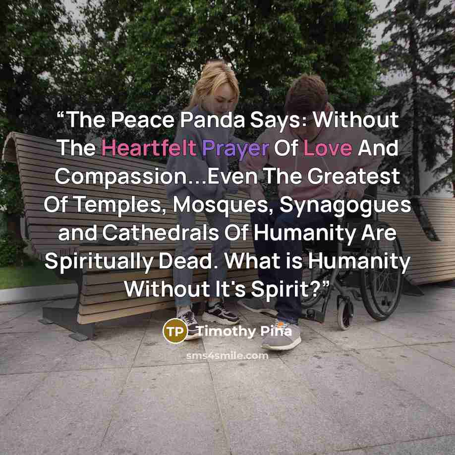 “The Peace Panda Says: Without The Heartfelt Prayer Of Love And Compassion...Even The Greatest Of Temples, Mosques, Synagogues and Cathedrals Of Humanity Are Spiritually Dead. What is Humanity Without It's Spirit?” quote by Timothy Pina