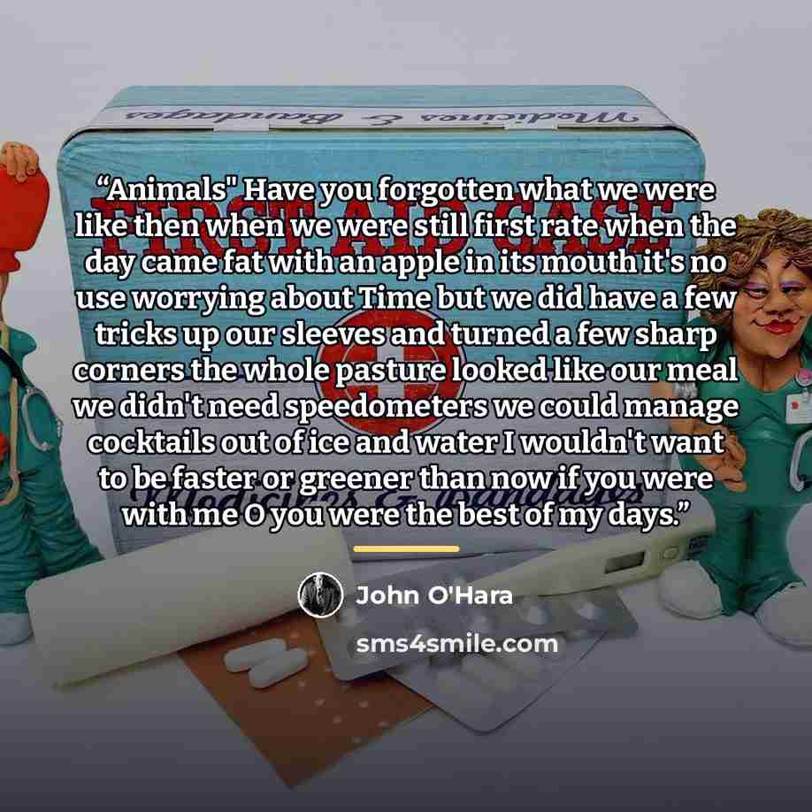 “Animals" Have you forgotten what we were like then when we were still first rate when the day came fat with an apple in its mouth it's no use worrying about Time but we did have a few tricks up our sleeves and turned a few sharp corners the whole pasture looked like our meal we didn't need…” quote by John O'Hara