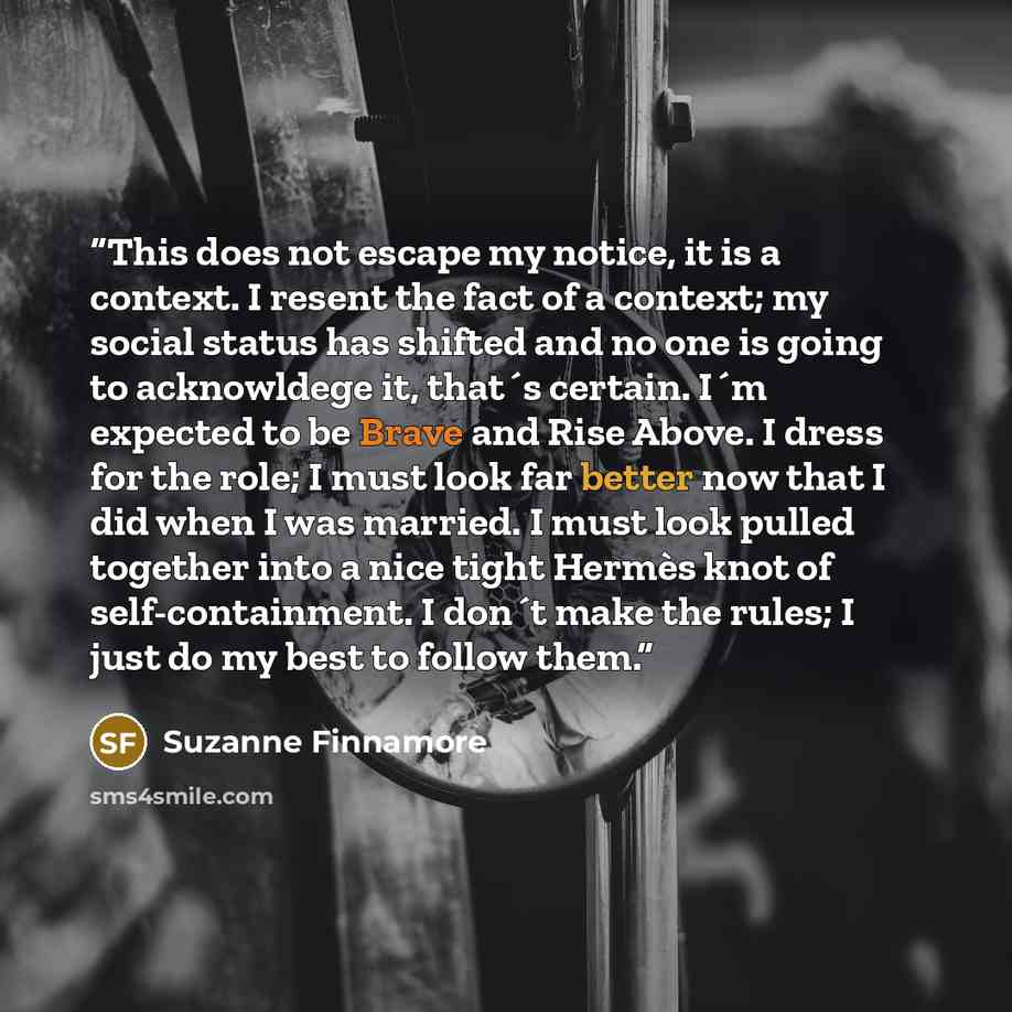 “This does not escape my notice, it is a context. I resent the fact of a context; my social status has shifted and no one is going to acknowldege it, that´s certain. I´m expected to be Brave and Rise Above. I dress for the role; I must look far better now that I did when I was married. I must look…” quote by Suzanne Finnamore