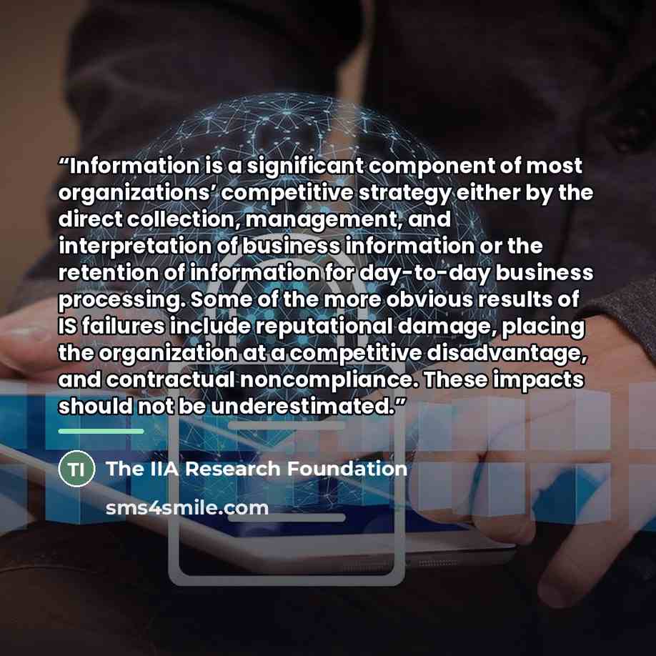 “Information is a significant component of most organizations’ competitive strategy either by the direct collection, management, and interpretation of business information or the retention of information for day-to-day business processing. Some of the more obvious results of IS failures include…” quote by The IIA Research Foundation
