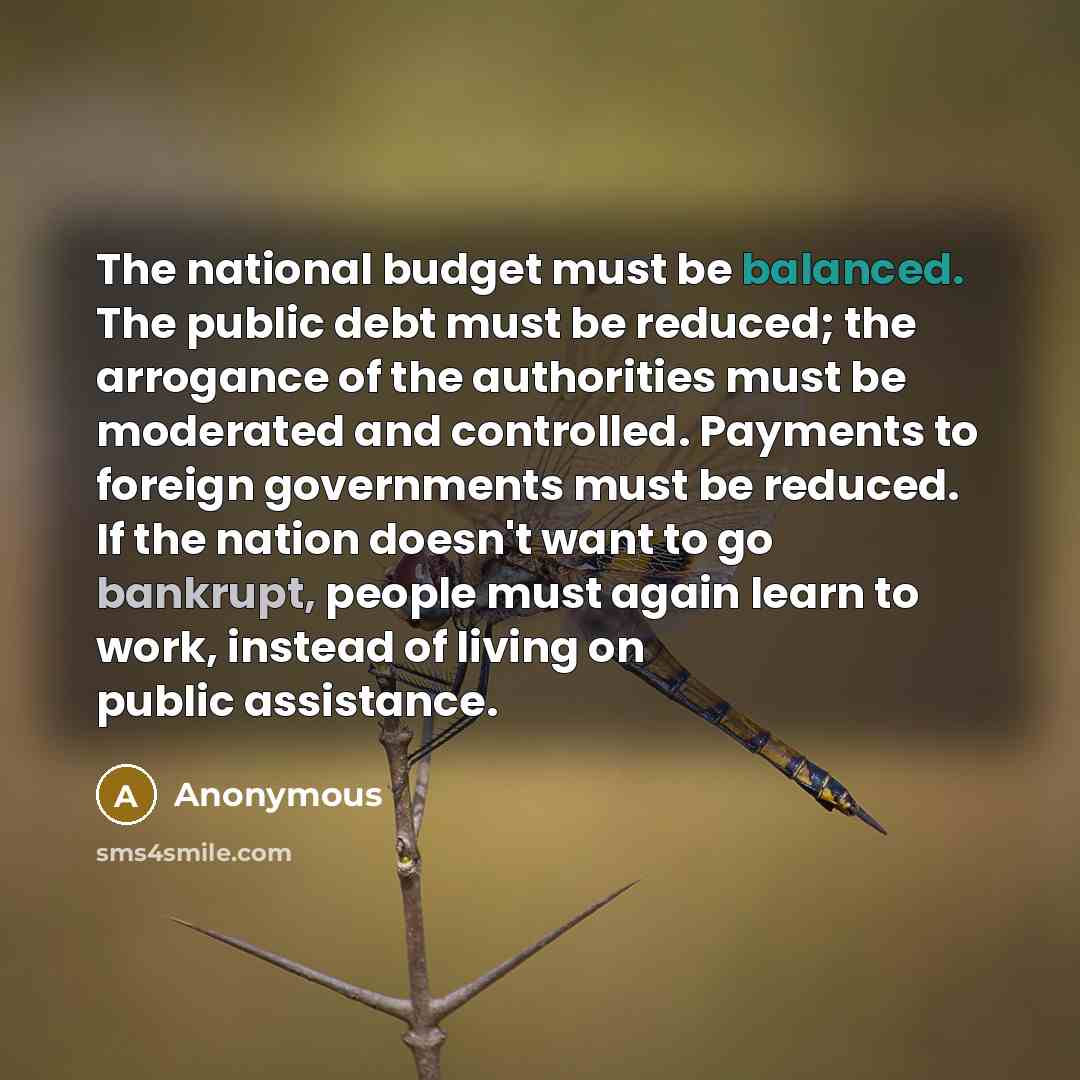 “The national budget must be balanced. The public debt must be reduced; the arrogance of the authorities must be moderated and controlled. Payments to foreign governments must be reduced. If the nation doesn't want to go bankrupt, people must again learn to work, instead of living on public…” quote by Anonymous