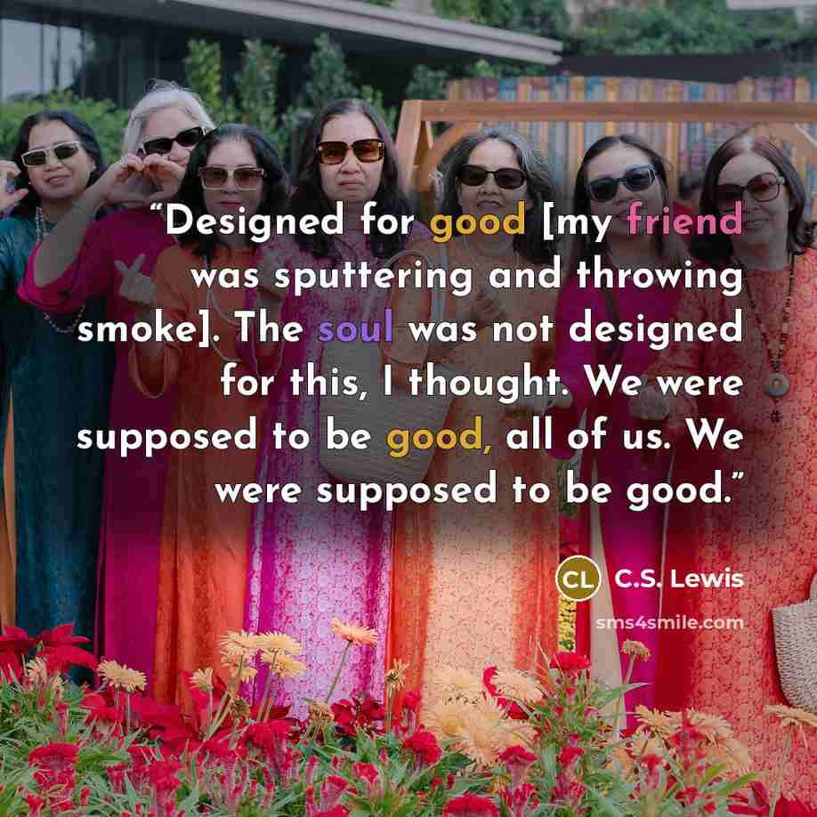 “Designed for good [my friend was sputtering and throwing smoke]. The soul was not designed for this, I thought. We were supposed to be good, all of us. We were supposed to be good.” quote by C.S. Lewis