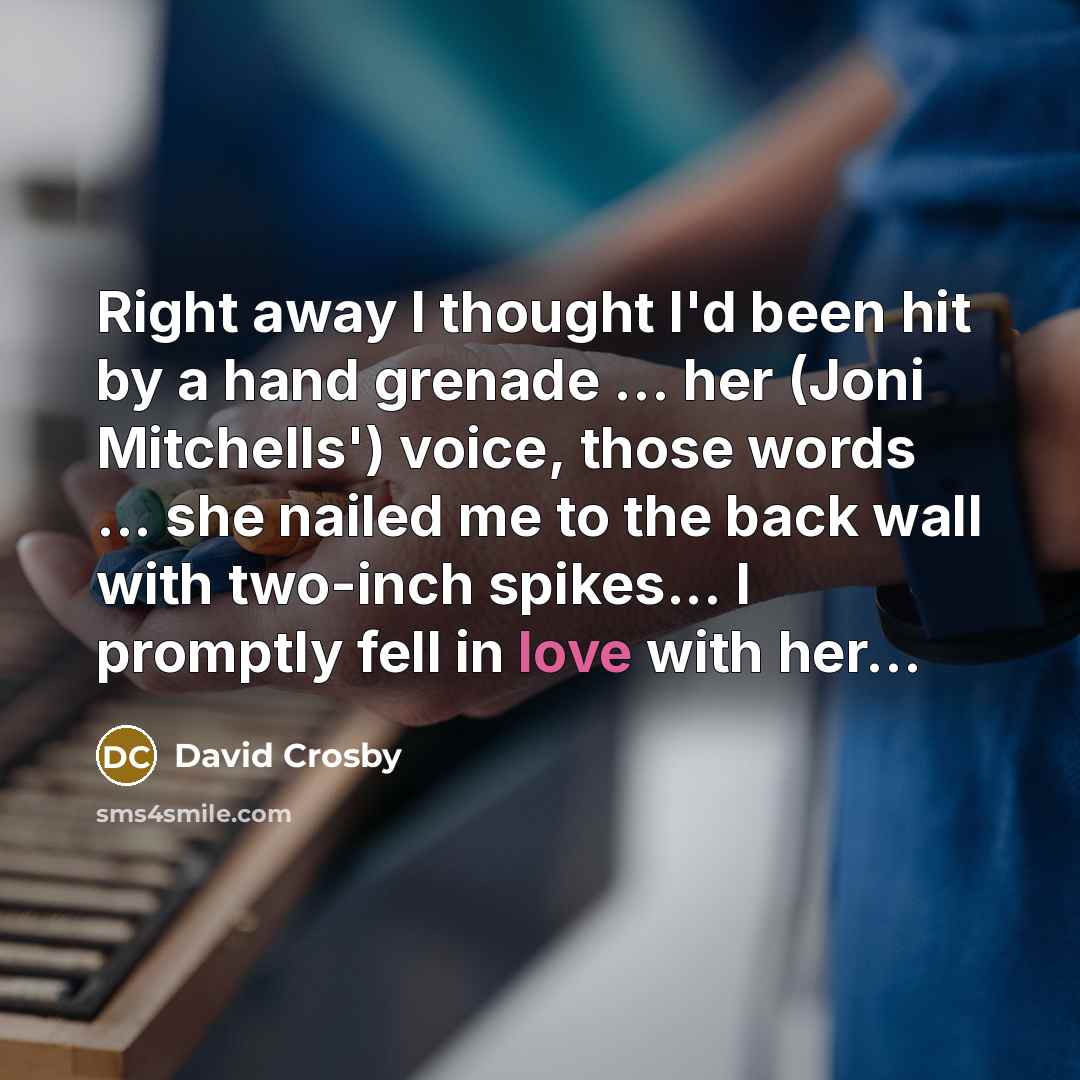 “Right away I thought I'd been hit by a hand grenade ... her (Joni Mitchells') voice, those words ... she nailed me to the back wall with two-inch spikes... I promptly fell in love with her...” quote by David Crosby