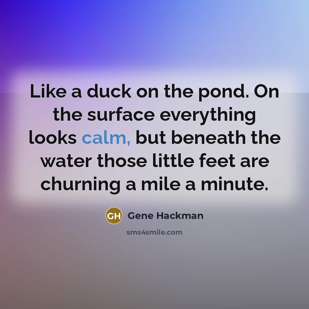 “Like a duck on the pond. On the surface everything looks calm, but beneath the water those little feet are churning a mile a minute.” quote by Gene Hackman