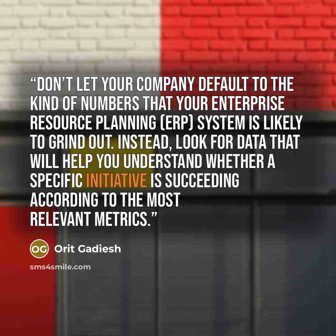 “Don’t let your company default to the kind of numbers that your enterprise resource planning (ERP) system is likely to grind out. Instead, look for data that will help you understand whether a specific initiative is succeeding according to the most relevant metrics.” quote by Orit Gadiesh