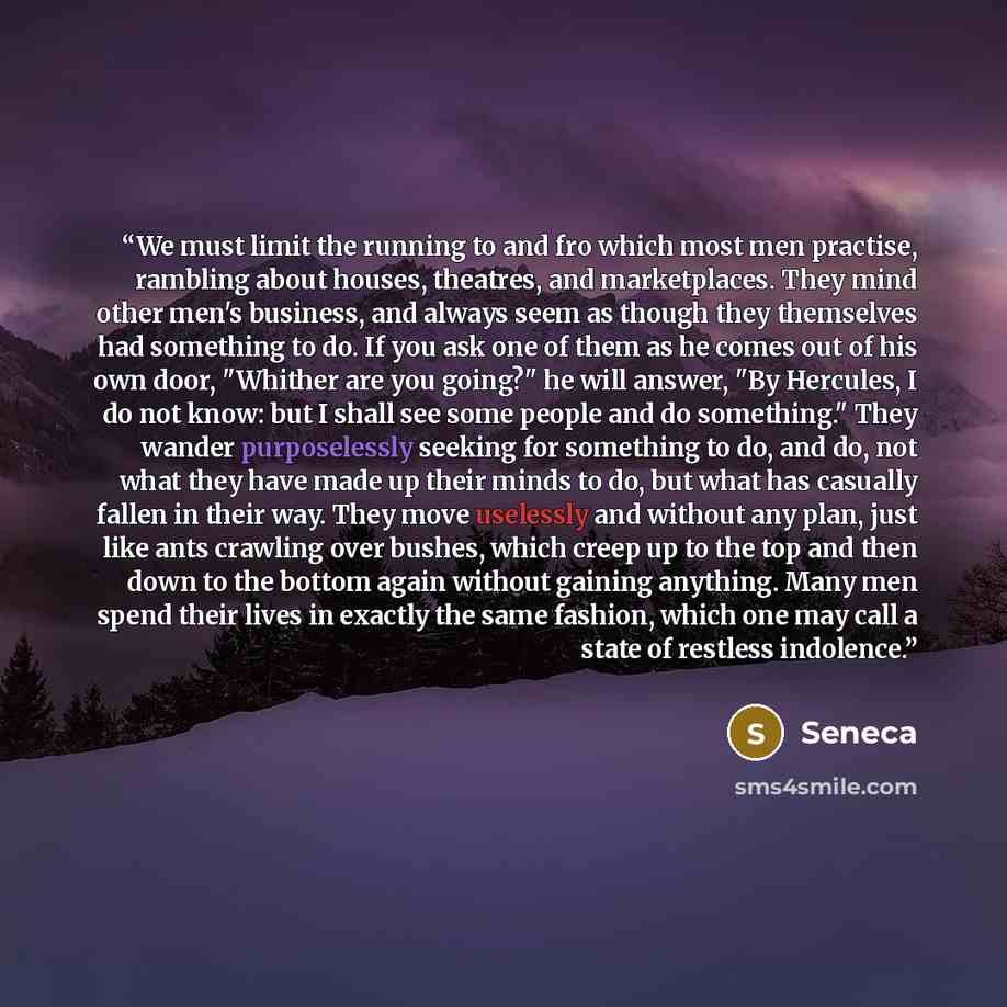 “We must limit the running to and fro which most men practise, rambling about houses, theatres, and marketplaces. They mind other men's business, and always seem as though they themselves had something to do. If you ask one of them as he comes out of his own door, "Whither are you going?" he will…” quote by Seneca
