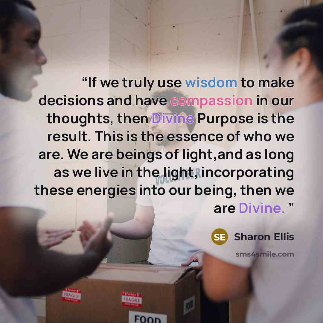 “If we truly use wisdom to make decisions and have compassion in our thoughts, then Divine Purpose is the result. This is the essence of who we are. We are beings of light,and as long as we live in the light, incorporating these energies into our being, then we are Divine.” quote by Sharon Ellis