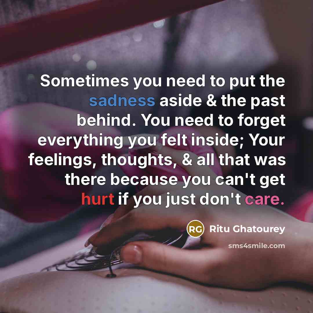 “Sometimes you need to put the sadness aside & the past behind. You need to forget everything you felt inside; Your feelings, thoughts, & all that was there because you can't get hurt if you just don't care.” quote by Ritu Ghatourey