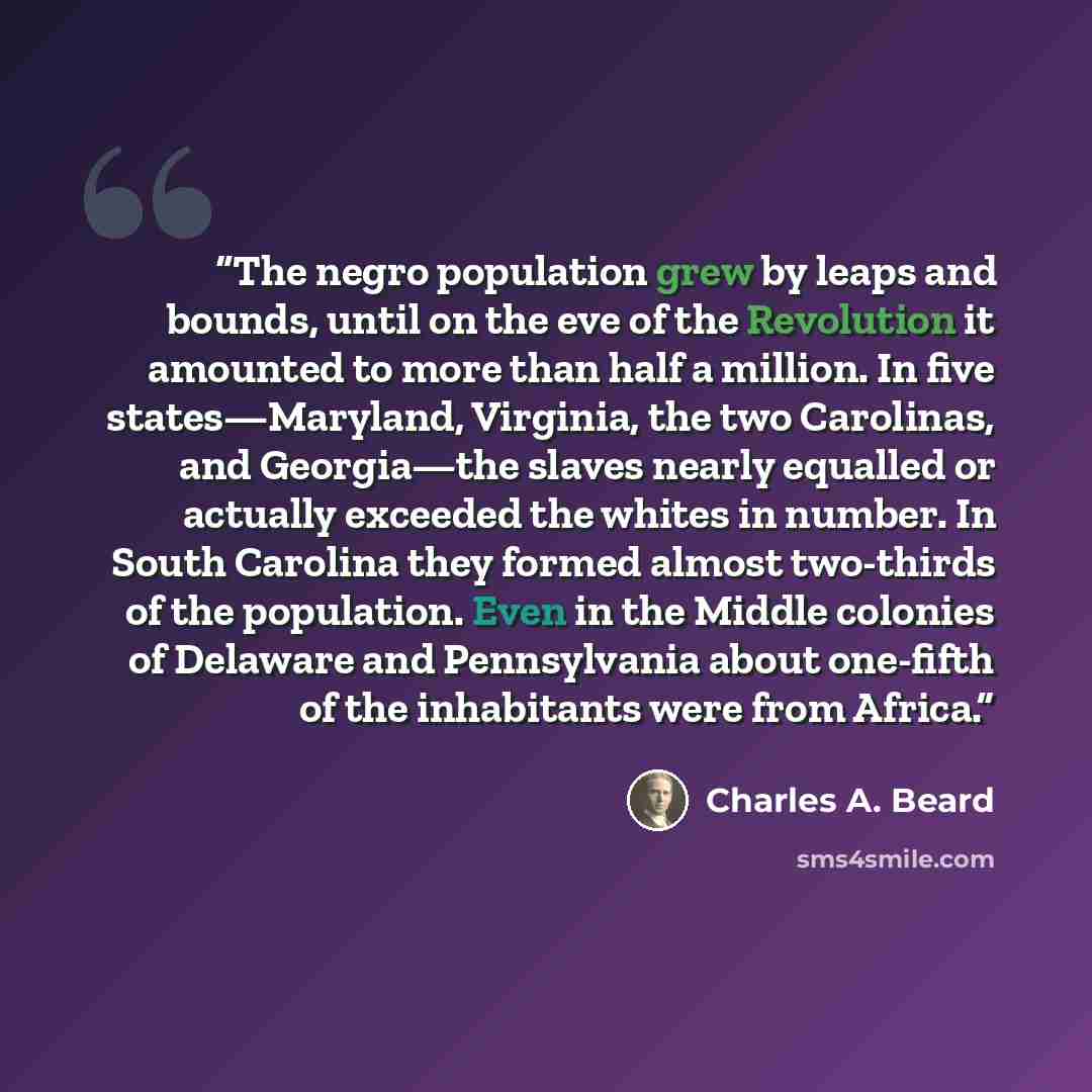 “The negro population grew by leaps and bounds, until on the eve of the Revolution it amounted to more than half a million. In five states—Maryland, Virginia, the two Carolinas, and Georgia—the slaves nearly equalled or actually exceeded the whites in number. In South Carolina they formed almost…” quote by Charles A. Beard