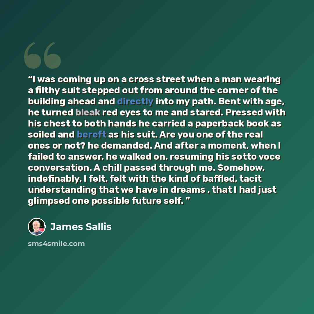 “I was coming up on a cross street when a man wearing a filthy suit stepped out from around the corner of the building ahead and directly into my path. Bent with age, he turned bleak red eyes to me and stared. Pressed with his chest to both hands he carried a paperback book as soiled and bereft as…” quote by James Sallis