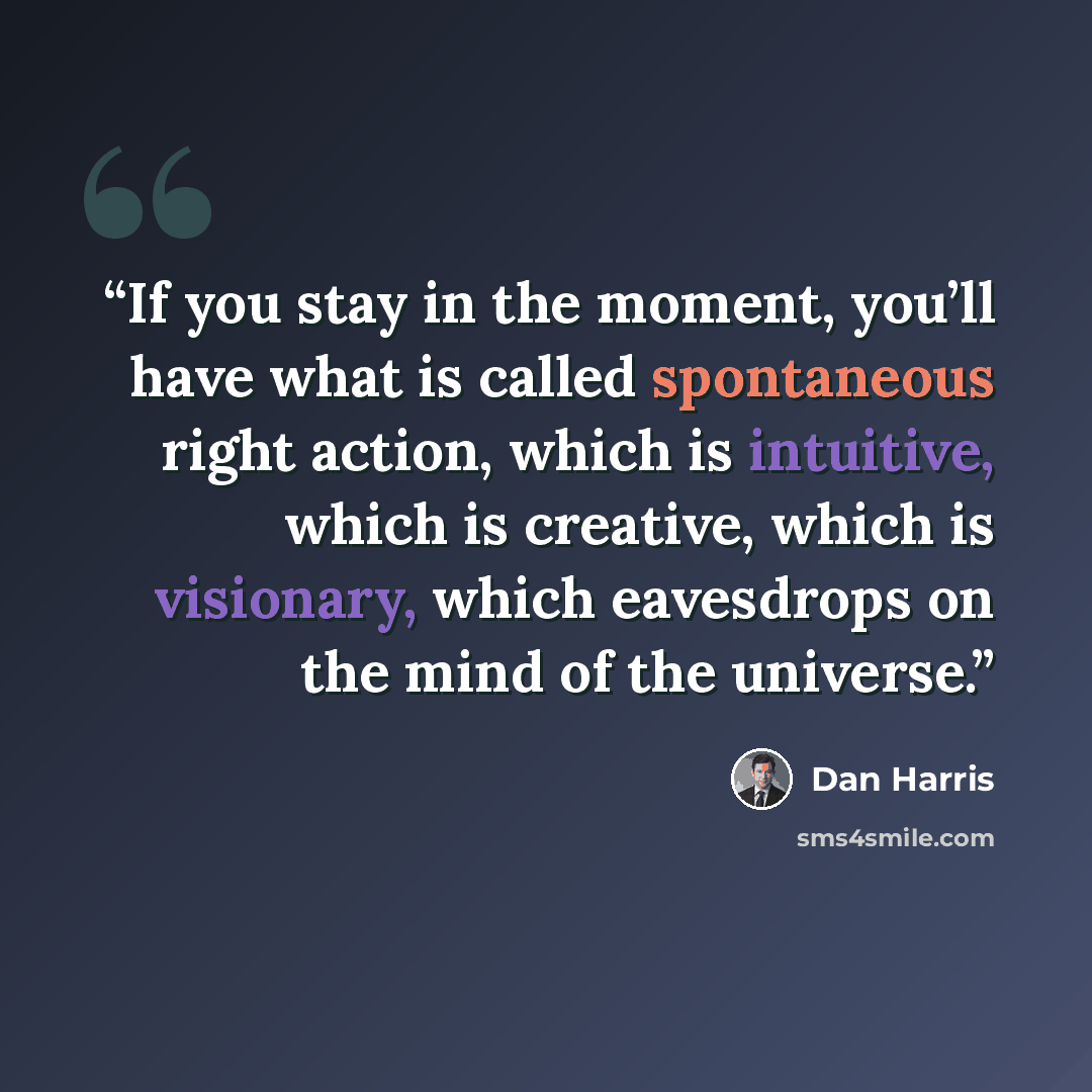 “If you stay in the moment, you’ll have what is called spontaneous right action, which is intuitive, which is creative, which is visionary, which eavesdrops on the mind of the universe.” quote by Dan Harris