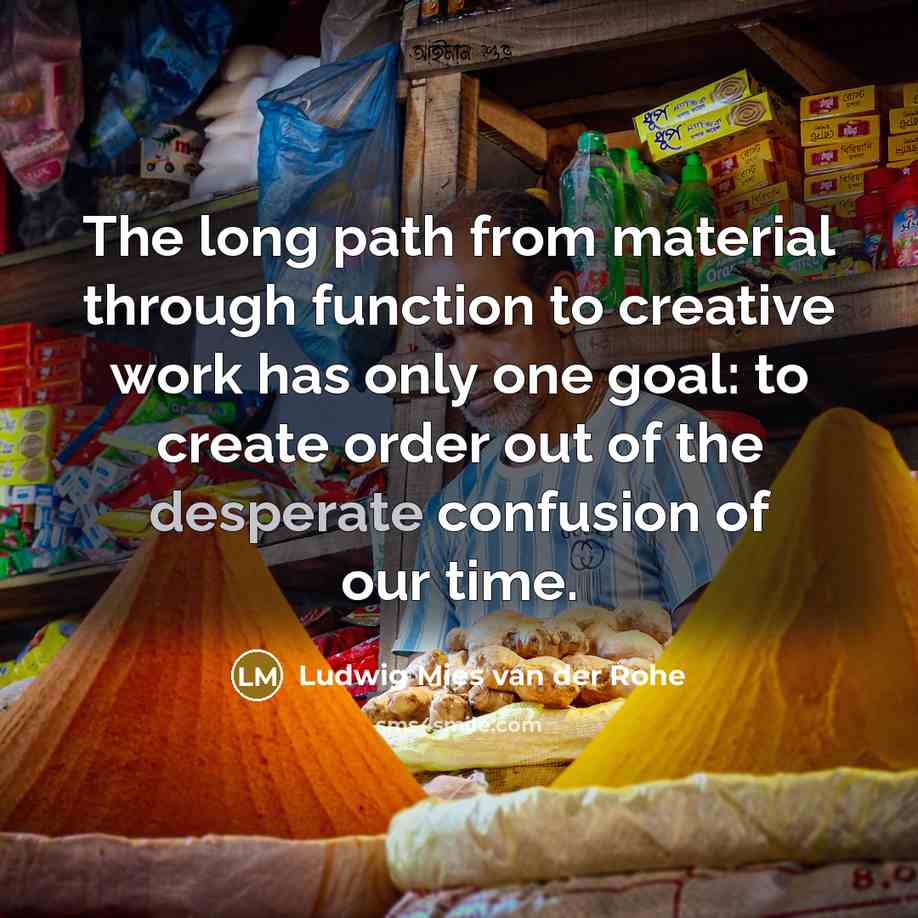 “The long path from material through function to creative work has only one goal: to create order out of the desperate confusion of our time.” quote by Ludwig Mies van der Rohe