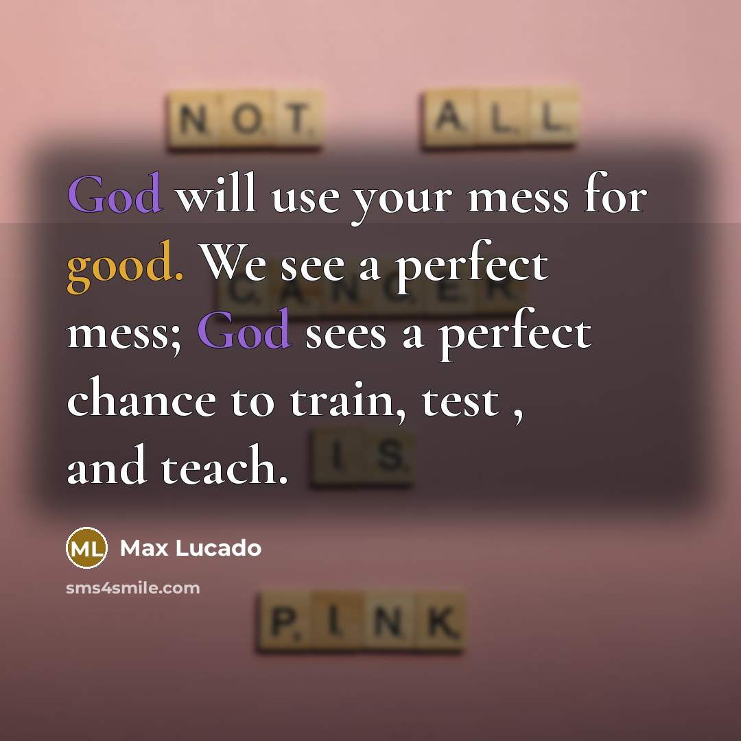 “God will use your mess for good. We see a perfect mess; God sees a perfect chance to train, test , and teach.” quote by Max Lucado