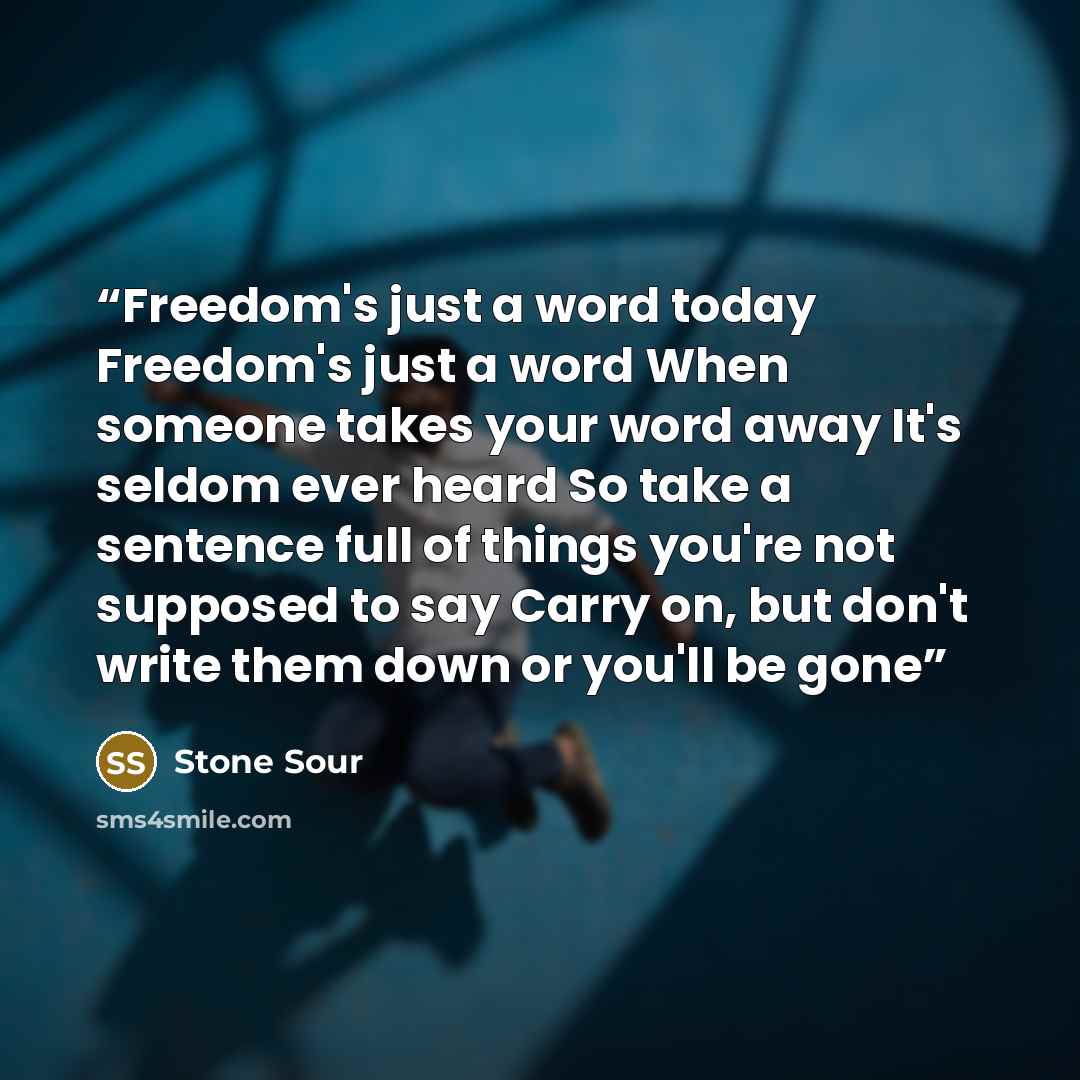 “Freedom's just a word today Freedom's just a word When someone takes your word away It's seldom ever heard So take a sentence full of things you're not supposed to say Carry on, but don't write them down or you'll be gone” quote by Stone Sour