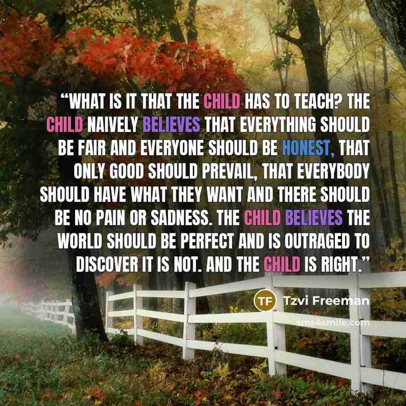 “What is it that the child has to teach? The child naively believes that everything should be fair and everyone should be honest, that only good should prevail, that everybody should have what they want and there should be no pain or sadness. The child believes the world should be perfect and is…” quote by Tzvi Freeman