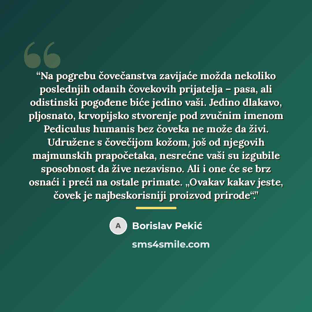 “Na pogrebu čovečanstva zavijaće možda nekoliko poslednjih odanih čovekovih prijatelja – pasa, ali odistinski pogođene biće jedino vaši. Jedino dlakavo, pljosnato, krvopijsko stvorenje pod zvučnim imenom Pediculus humanis bez čoveka ne može da živi. Udružene s čovečijom kožom, još od njegovih…” quote by Borislav Pekić