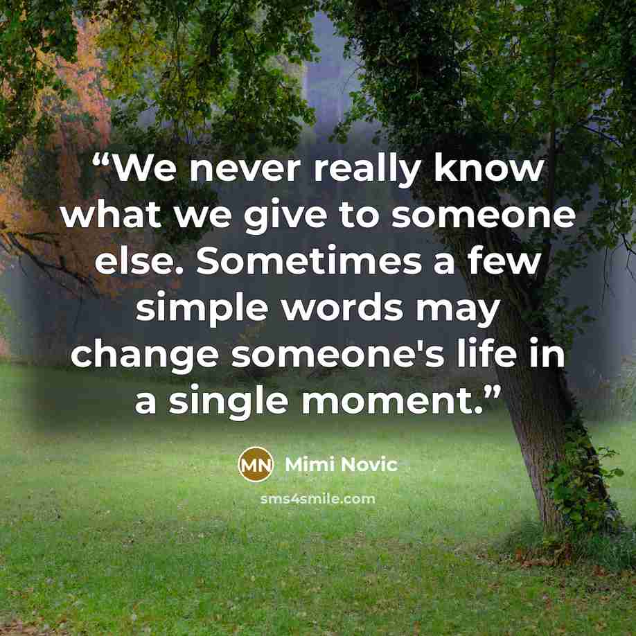 “We never really know what we give to someone else. Sometimes a few simple words may change someone's life in a single moment.” quote by Mimi Novic