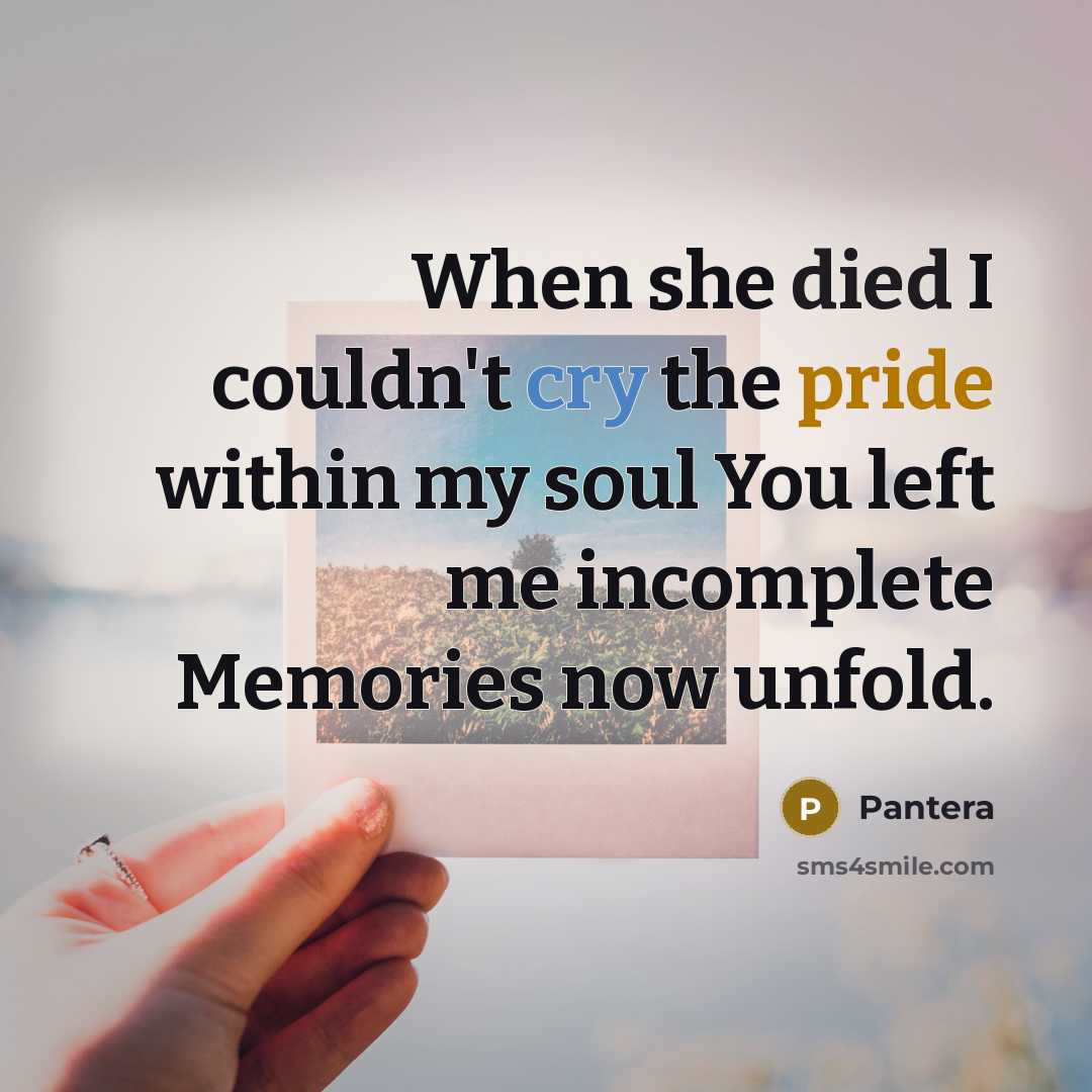 “When she died I couldn't cry the pride within my soul You left me incomplete Memories now unfold.” quote by Pantera