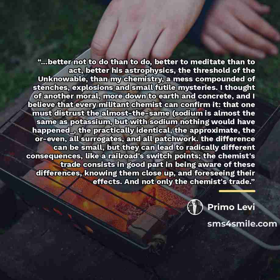 “...better not to do than to do, better to meditate than to act, better his astrophysics, the threshold of the Unknowable, than my chemistry, a mess compounded of stenches, explosions and small futile mysteries. I thought of another moral, more down to earth and concrete, and I believe that every…” quote by Primo Levi