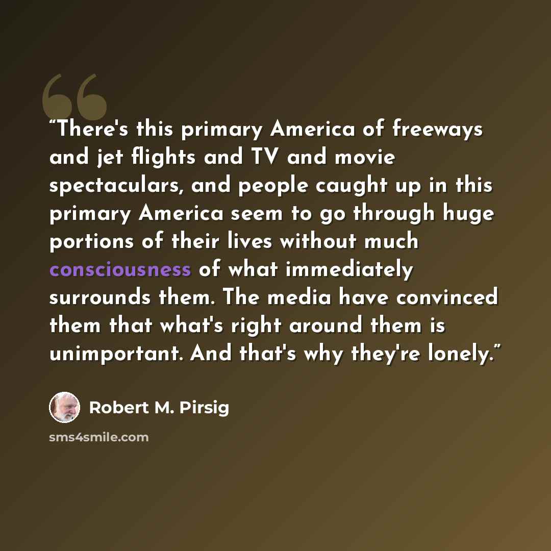 “There's this primary America of freeways and jet flights and TV and movie spectaculars, and people caught up in this primary America seem to go through huge portions of their lives without much consciousness of what immediately surrounds them. The media have convinced them that what's right around…” quote by Robert M. Pirsig