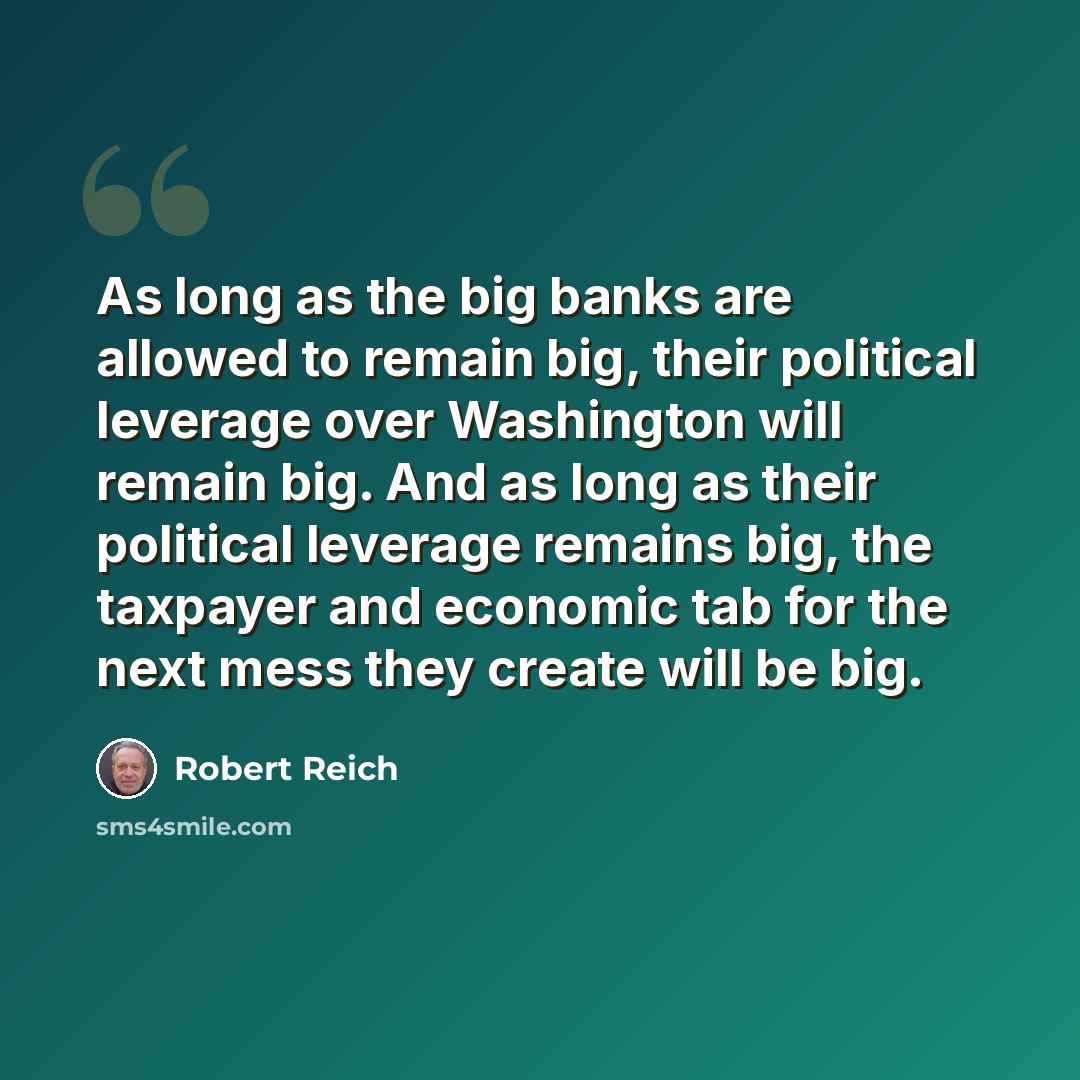 “As long as the big banks are allowed to remain big, their political leverage over Washington will remain big. And as long as their political leverage remains big, the taxpayer and economic tab for the next mess they create will be big.” quote by Robert Reich
