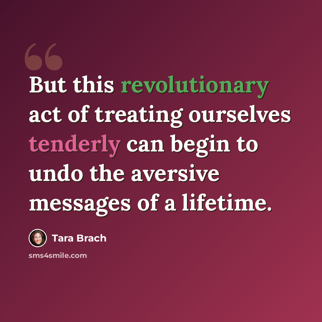 “But this revolutionary act of treating ourselves tenderly can begin to undo the aversive messages of a lifetime.” quote by Tara Brach