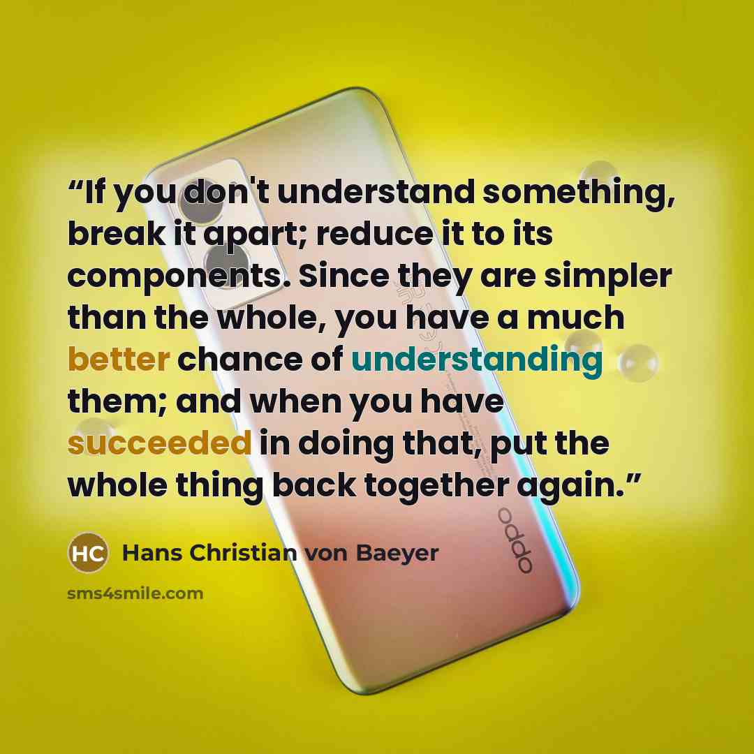 “If you don't understand something, break it apart; reduce it to its components. Since they are simpler than the whole, you have a much better chance of understanding them; and when you have succeeded in doing that, put the whole thing back together again.” quote by Hans Christian Von Baeyer