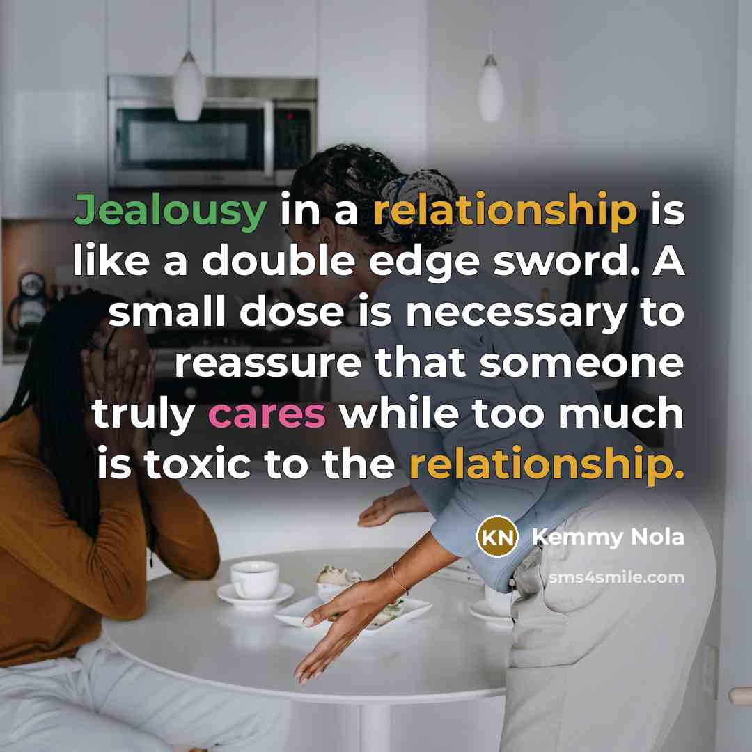 “Jealousy in a relationship is like a double edge sword. A small dose is necessary to reassure that someone truly cares while too much is toxic to the relationship.” quote by Kemmy Nola