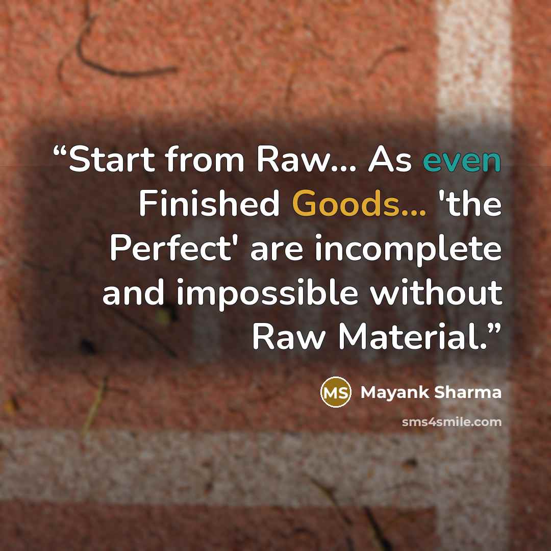 “Start from Raw… As even Finished Goods... 'the Perfect' are incomplete and impossible without Raw Material.” quote by Mayank Sharma