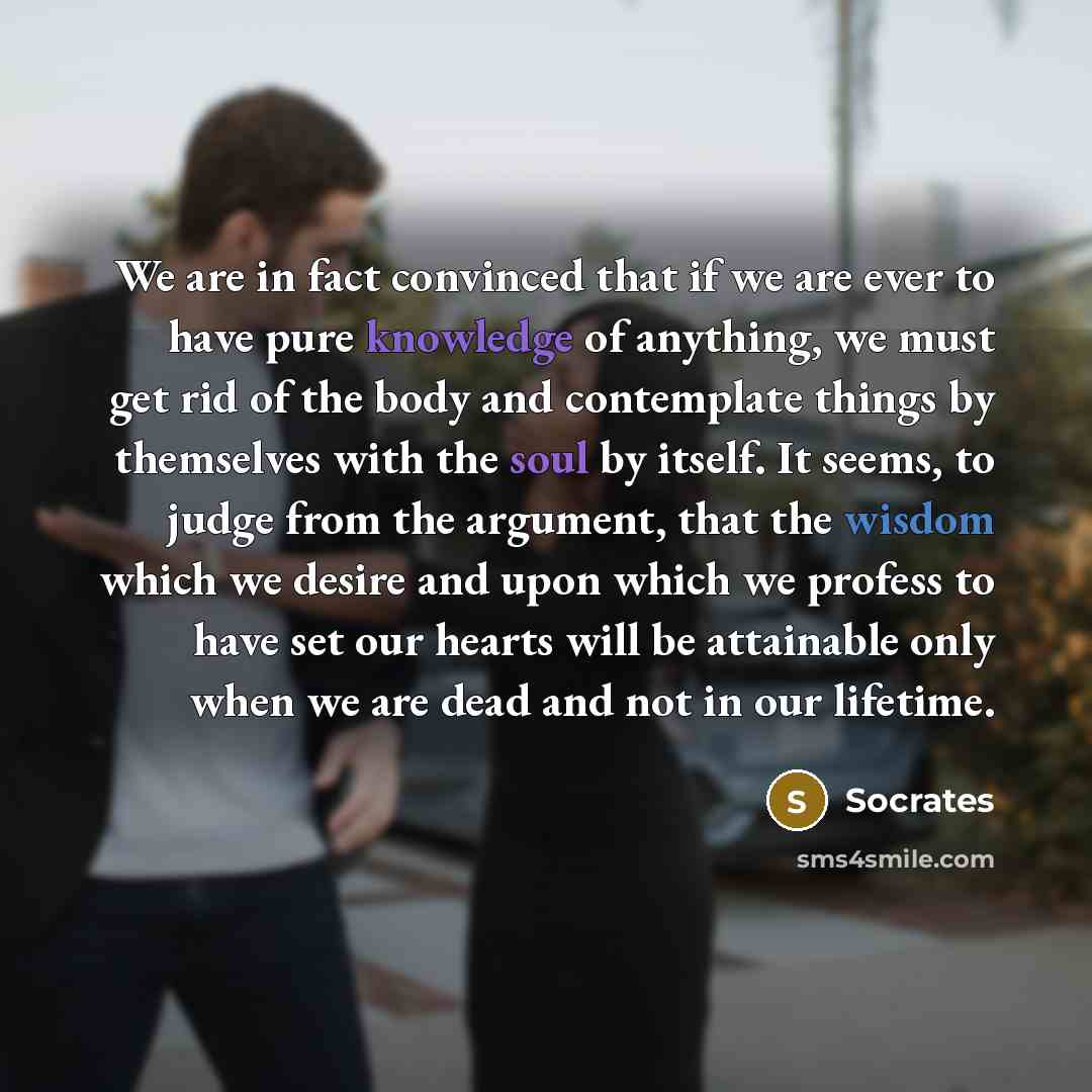 “We are in fact convinced that if we are ever to have pure knowledge of anything, we must get rid of the body and contemplate things by themselves with the soul by itself. It seems, to judge from the argument, that the wisdom which we desire and upon which we profess to have set our hearts will be…” quote by Socrates