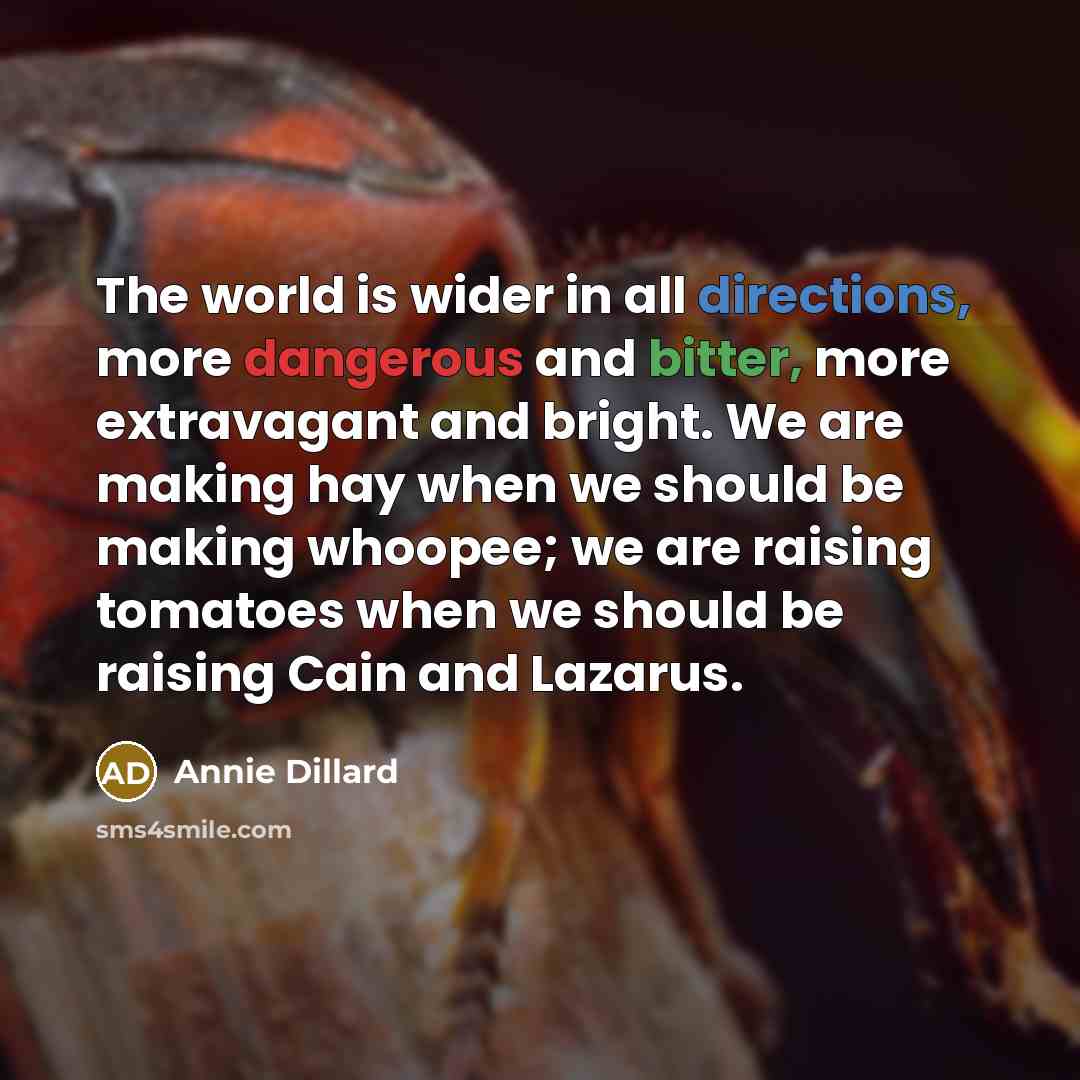 “The world is wider in all directions, more dangerous and bitter, more extravagant and bright. We are making hay when we should be making whoopee; we are raising tomatoes when we should be raising Cain and Lazarus.” quote by Annie Dillard