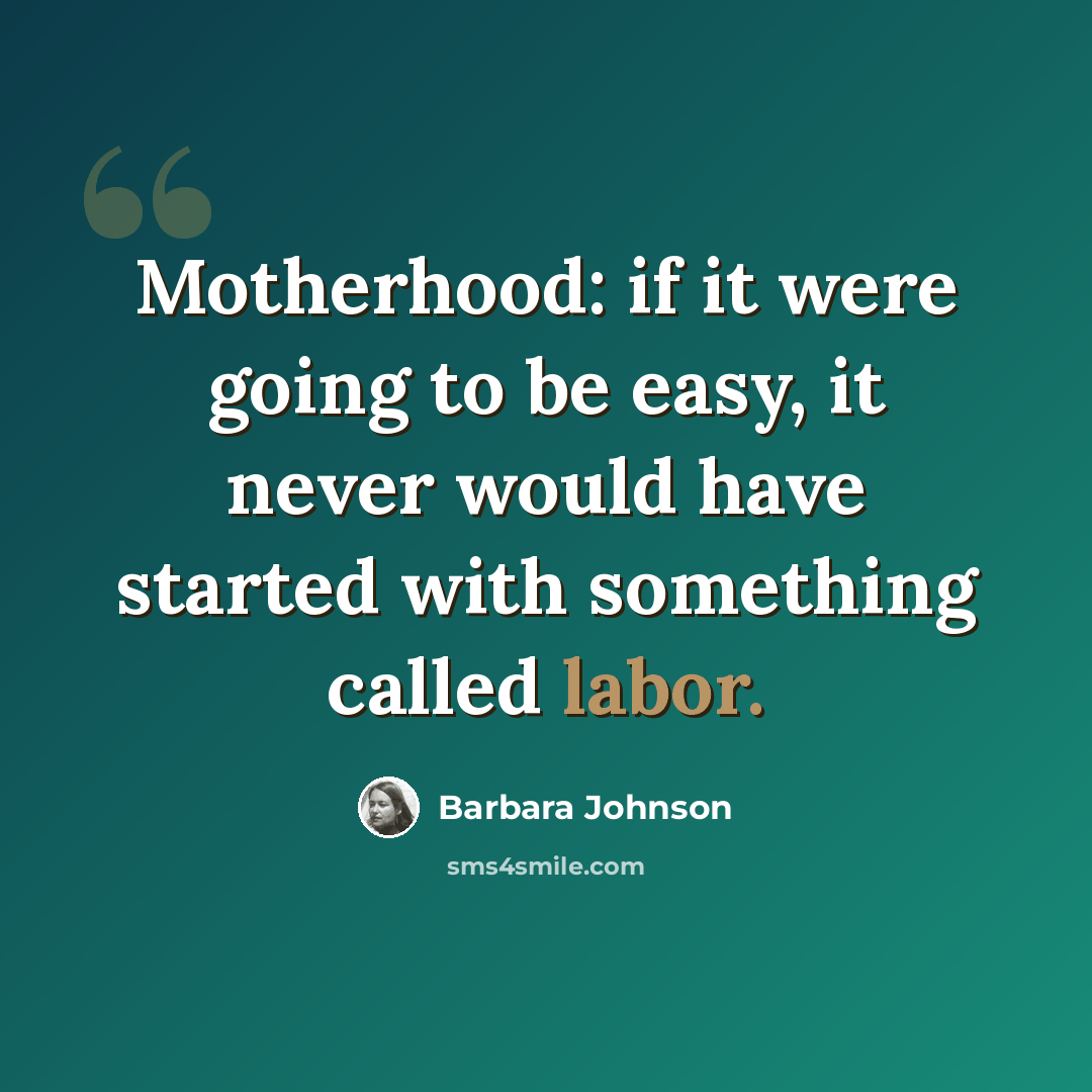 “Motherhood: if it were going to be easy, it never would have started with something called labor.” quote by Barbara Johnson