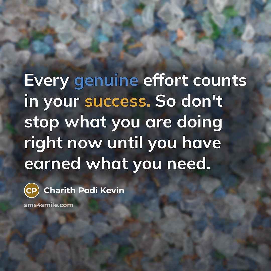 “Every genuine effort counts in your success. So don't stop what you are doing right now until you have earned what you need.” quote by Charith Podi Kevin