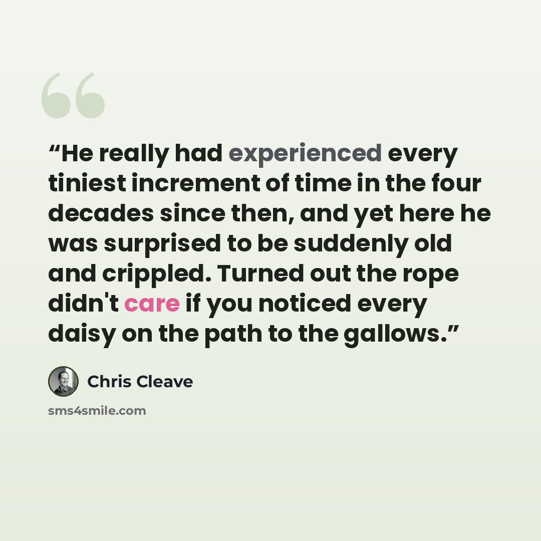 “He really had experienced every tiniest increment of time in the four decades since then, and yet here he was surprised to be suddenly old and crippled. Turned out the rope didn't care if you noticed every daisy on the path to the gallows.” quote by Chris Cleave