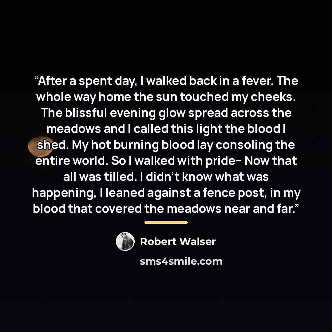 “After a spent day, I walked back in a fever. The whole way home the sun touched my cheeks. The blissful evening glow spread across the meadows and I called this light the blood I shed. My hot burning blood lay consoling the entire world. So I walked with pride-- Now that all was tilled. I didn't…” quote by Robert Walser