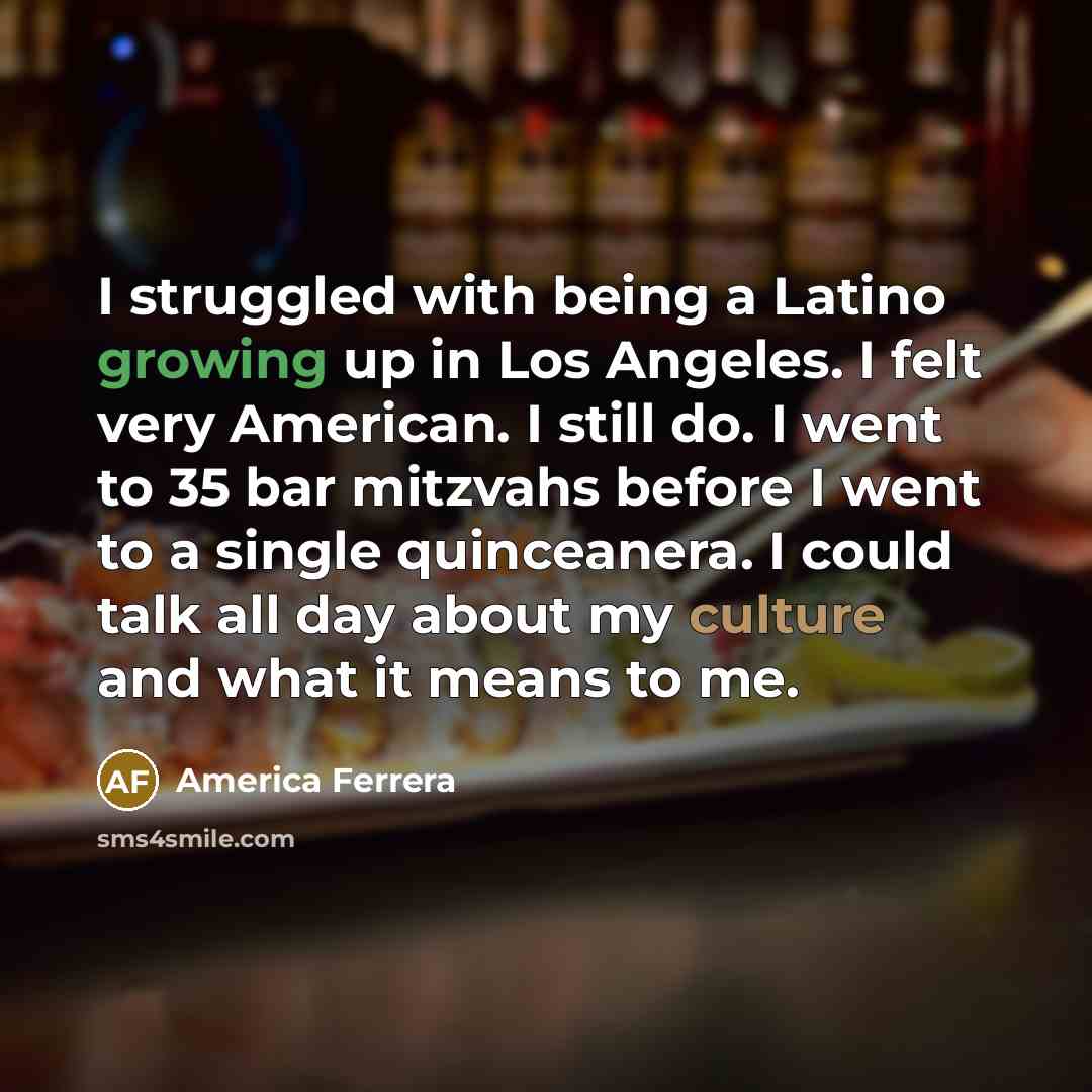 “I struggled with being a Latino growing up in Los Angeles. I felt very American. I still do. I went to 35 bar mitzvahs before I went to a single quinceanera. I could talk all day about my culture and what it means to me.” quote by America Ferrera