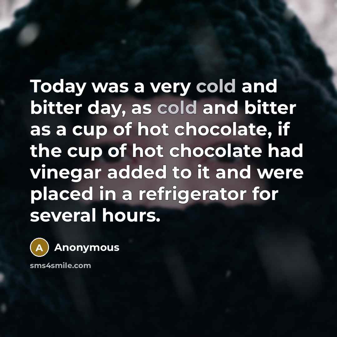 “Today was a very cold and bitter day, as cold and bitter as a cup of hot chocolate, if the cup of hot chocolate had vinegar added to it and were placed in a refrigerator for several hours.” quote by Anonymous