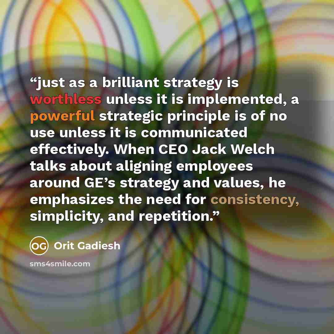 “just as a brilliant strategy is worthless unless it is implemented, a powerful strategic principle is of no use unless it is communicated effectively. When CEO Jack Welch talks about aligning employees around GE’s strategy and values, he emphasizes the need for consistency, simplicity, and…” quote by Orit Gadiesh