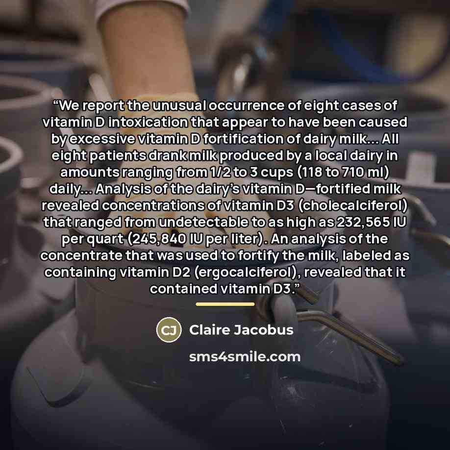 “We report the unusual occurrence of eight cases of vitamin D intoxication that appear to have been caused by excessive vitamin D fortification of dairy milk... All eight patients drank milk produced by a local dairy in amounts ranging from 1/2 to 3 cups (118 to 710 ml) daily... Analysis of the…” quote by Claire Jacobus