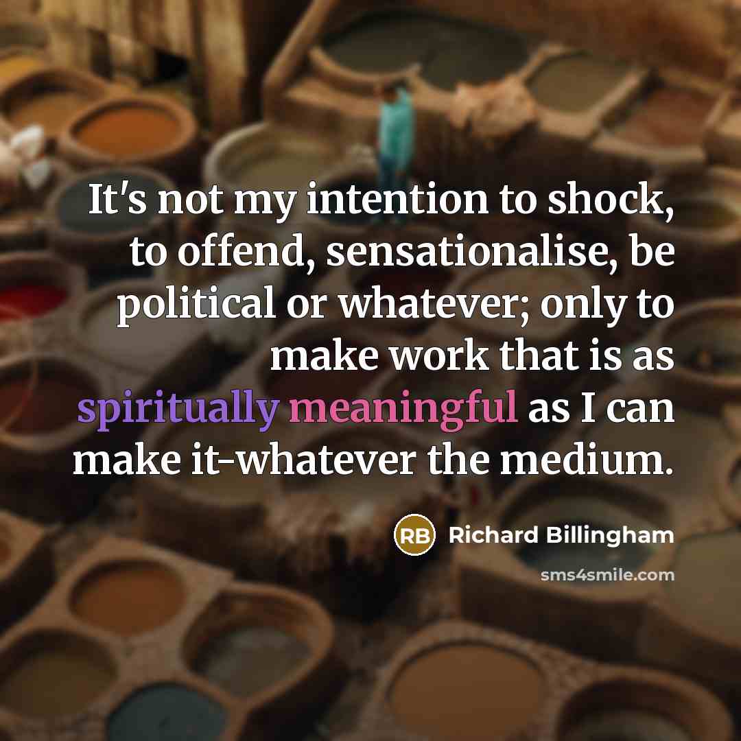 “It's not my intention to shock, to offend, sensationalise, be political or whatever; only to make work that is as spiritually meaningful as I can make it-whatever the medium.” quote by Richard Billingham