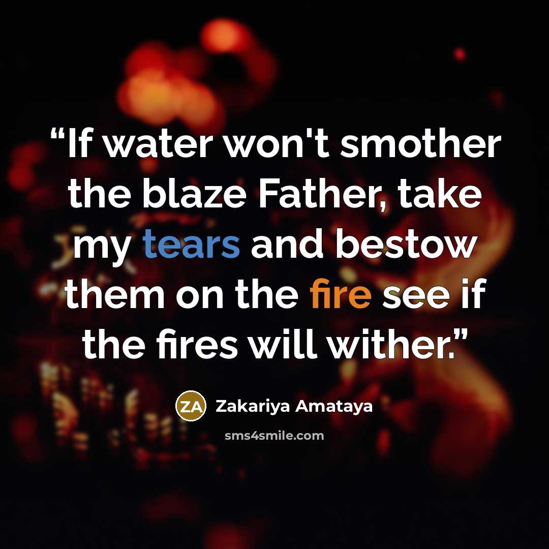 “If water won't smother the blaze Father, take my tears and bestow them on the fire see if the fires will wither.” quote by Zakariya Amataya