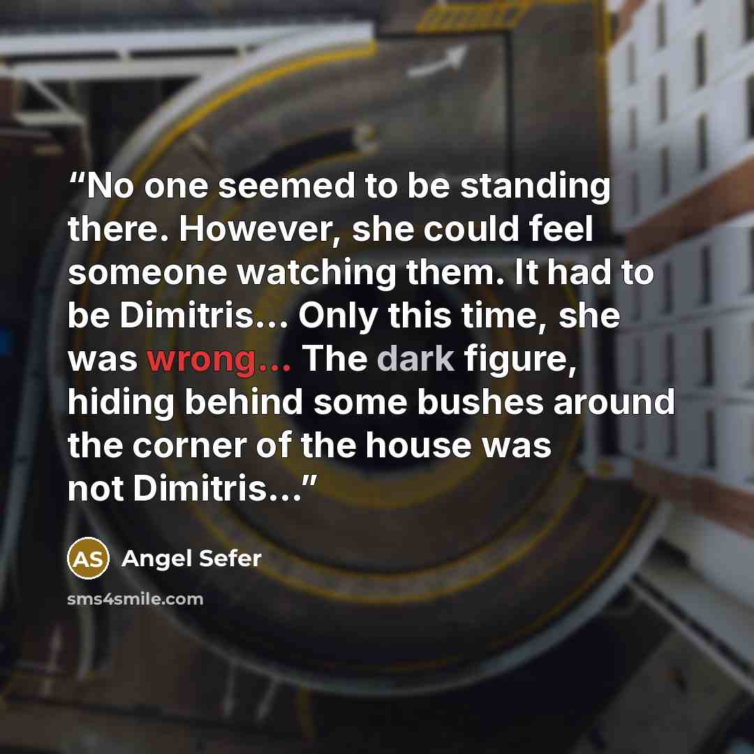 “No one seemed to be standing there. However, she could feel someone watching them. It had to be Dimitris… Only this time, she was wrong... The dark figure, hiding behind some bushes around the corner of the house was not Dimitris…” quote by Angel Sefer