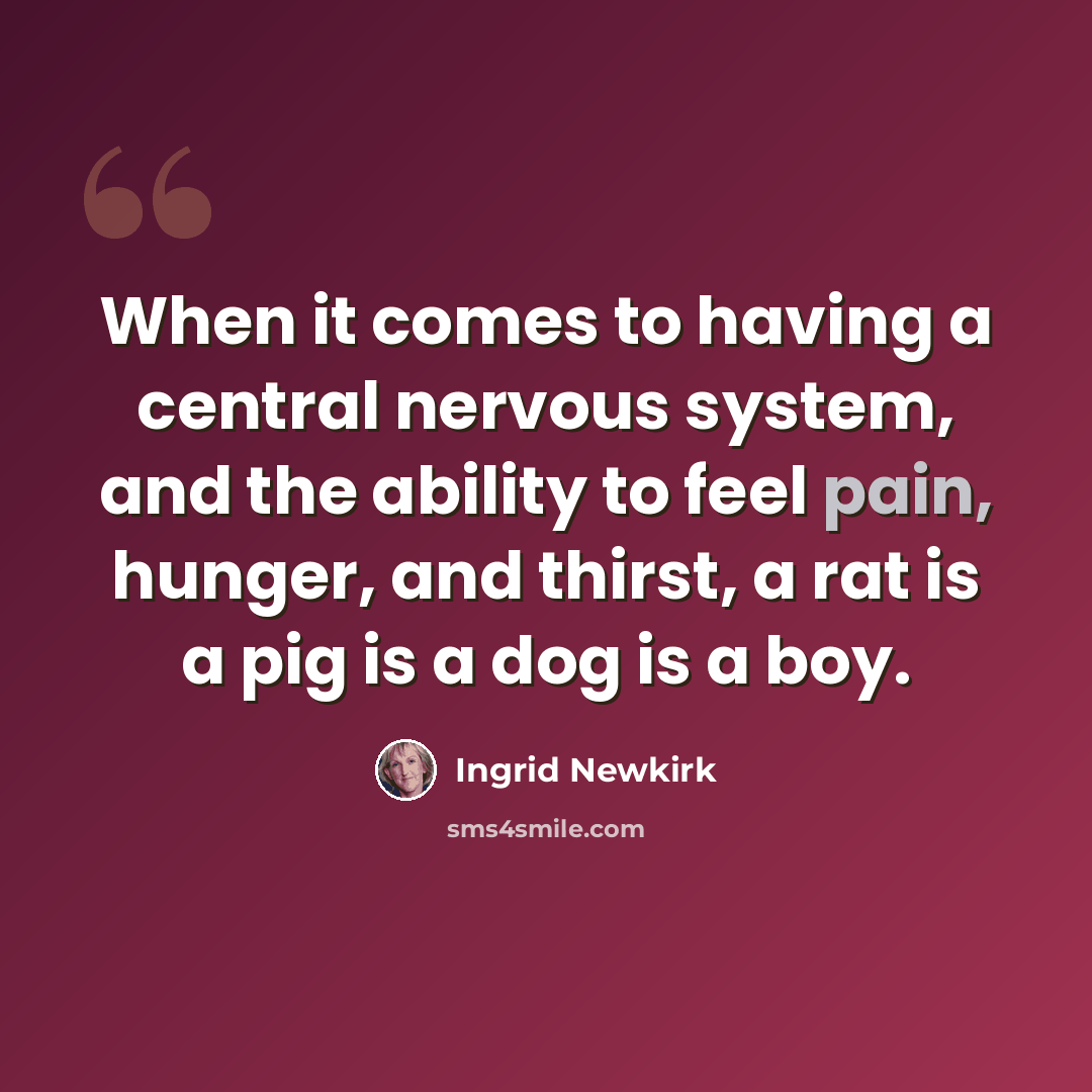 “When it comes to having a central nervous system, and the ability to feel pain, hunger, and thirst, a rat is a pig is a dog is a boy.” quote by Ingrid Newkirk