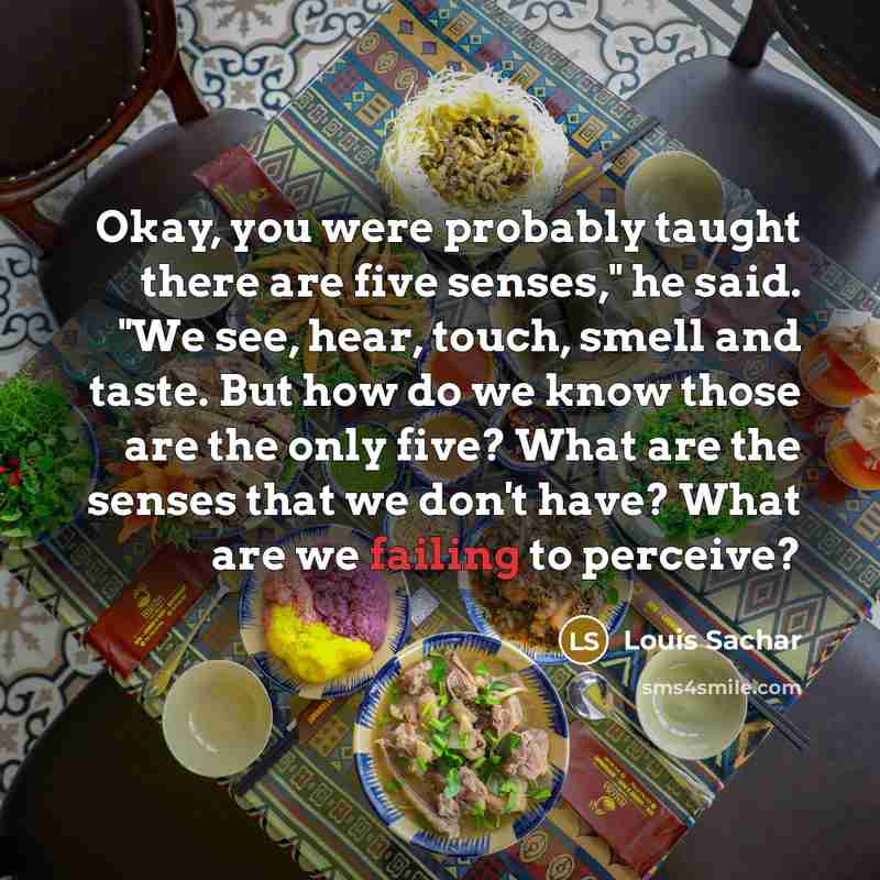 “Okay, you were probably taught there are five senses," he said. "We see, hear, touch, smell and taste. But how do we know those are the only five? What are the senses that we don't have? What are we failing to perceive?” quote by Louis Sachar