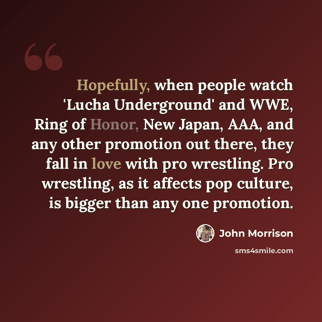 “Hopefully, when people watch 'Lucha Underground' and WWE, Ring of Honor, New Japan, AAA, and any other promotion out there, they fall in love with pro wrestling. Pro wrestling, as it affects pop culture, is bigger than any one promotion.” quote by John Morrison
