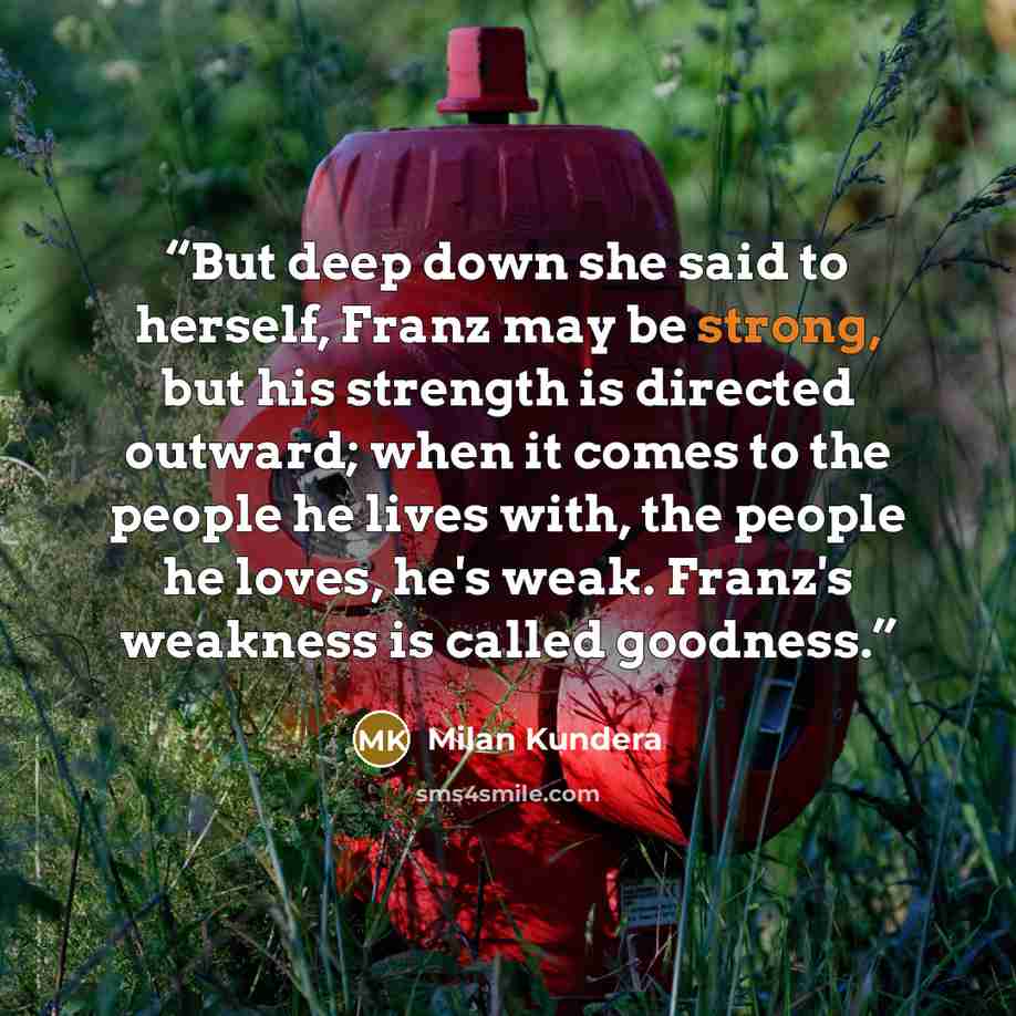 “But deep down she said to herself, Franz may be strong, but his strength is directed outward; when it comes to the people he lives with, the people he loves, he's weak. Franz's weakness is called goodness.” quote by Milan Kundera