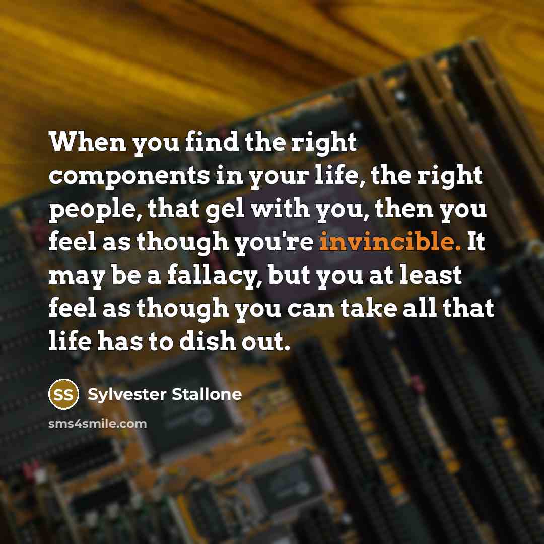 “When you find the right components in your life, the right people, that gel with you, then you feel as though you're invincible. It may be a fallacy, but you at least feel as though you can take all that life has to dish out.” quote by Sylvester Stallone